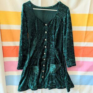 Vintage Emerald Green Crushed Velvet Skater Babydoll Fit Flare Dress Whimsigoth
